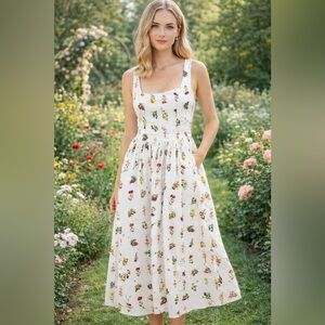 Seven for All Mankind White Floral Midi Dress with Fruit & Flower Print